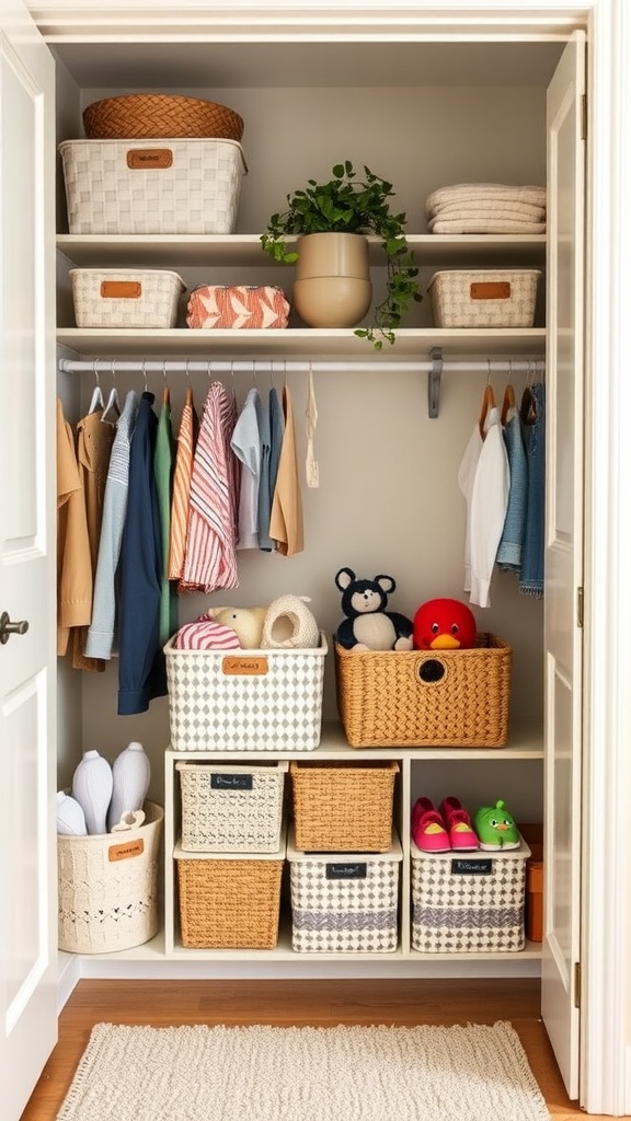 A neatly organized kids closet featuring various baskets and bins for small items, along with some clothing hanging neatly.