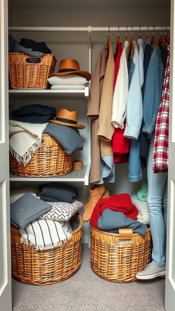 Organized closet with baskets of clothing and accessories, showcasing an effective storage solution.