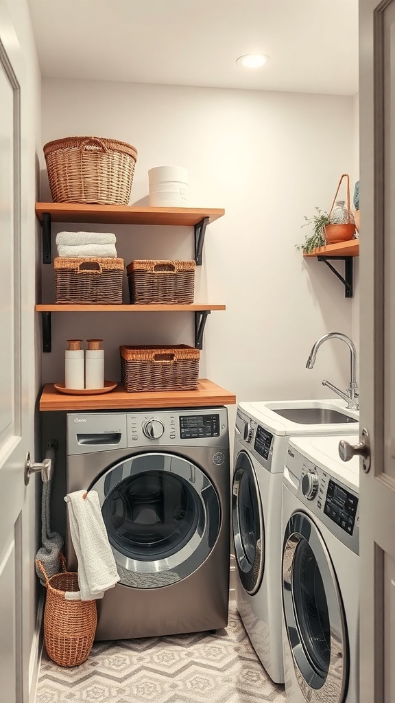 A small laundry room with organized shelves and baskets for storage.