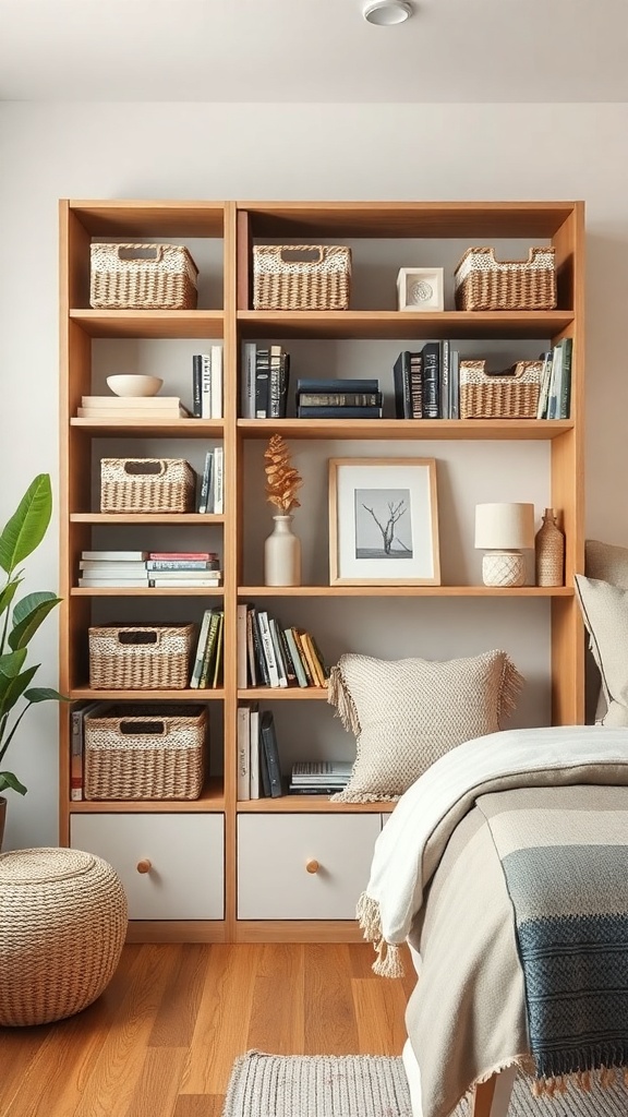 A bookshelf organized with woven baskets and books, creating a cozy and stylish atmosphere.