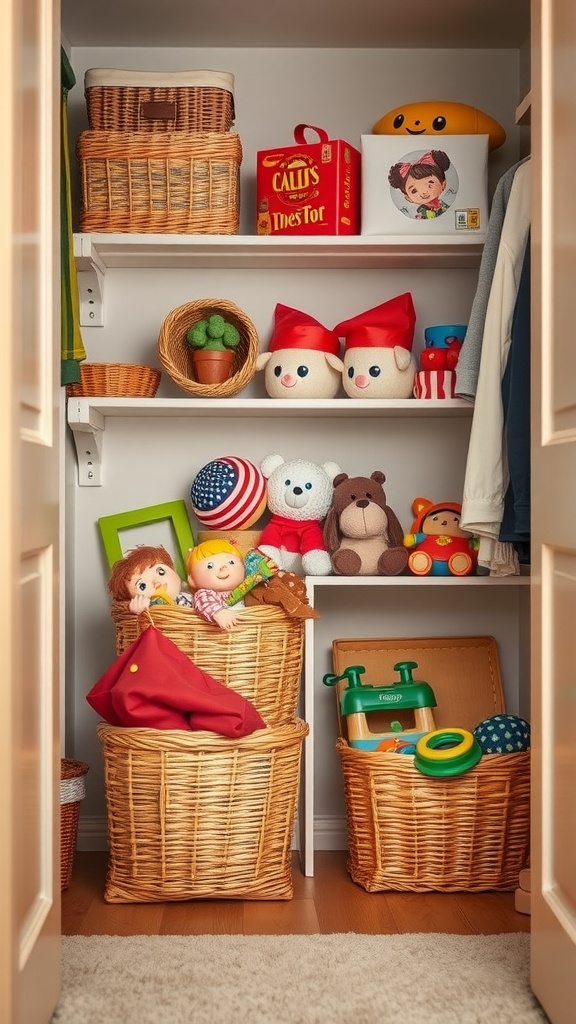 A closet with organized baskets containing toys and stuffed animals