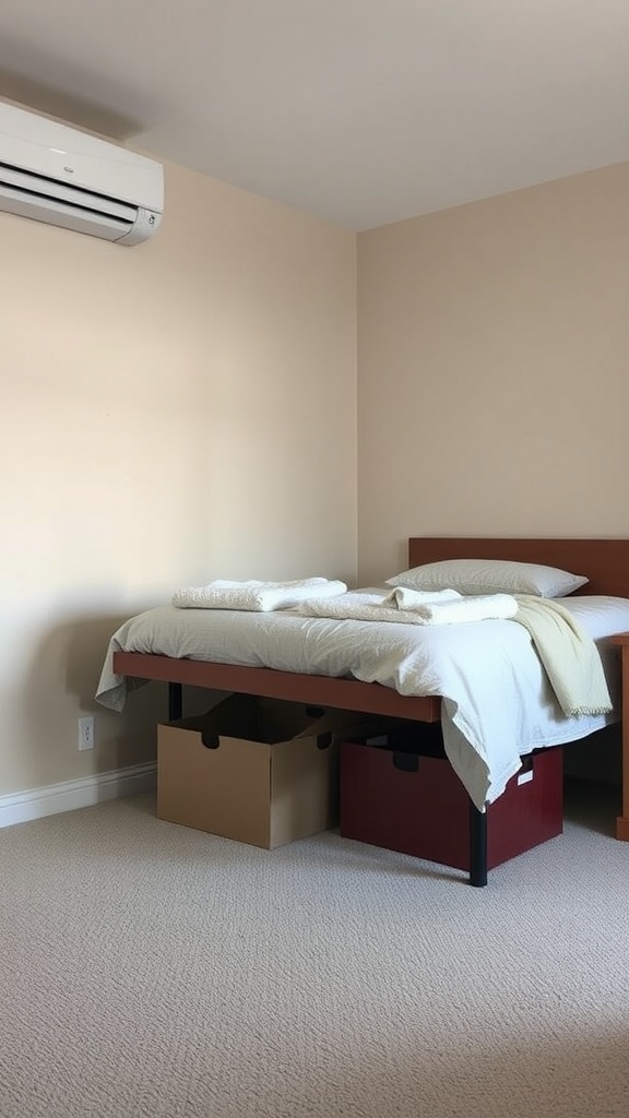 A small bedroom with a bed elevated on bed risers, showing storage boxes underneath.