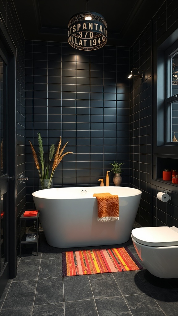 Modern bathroom with black tile floor, white bathtub, colorful rug, and stylish decor.