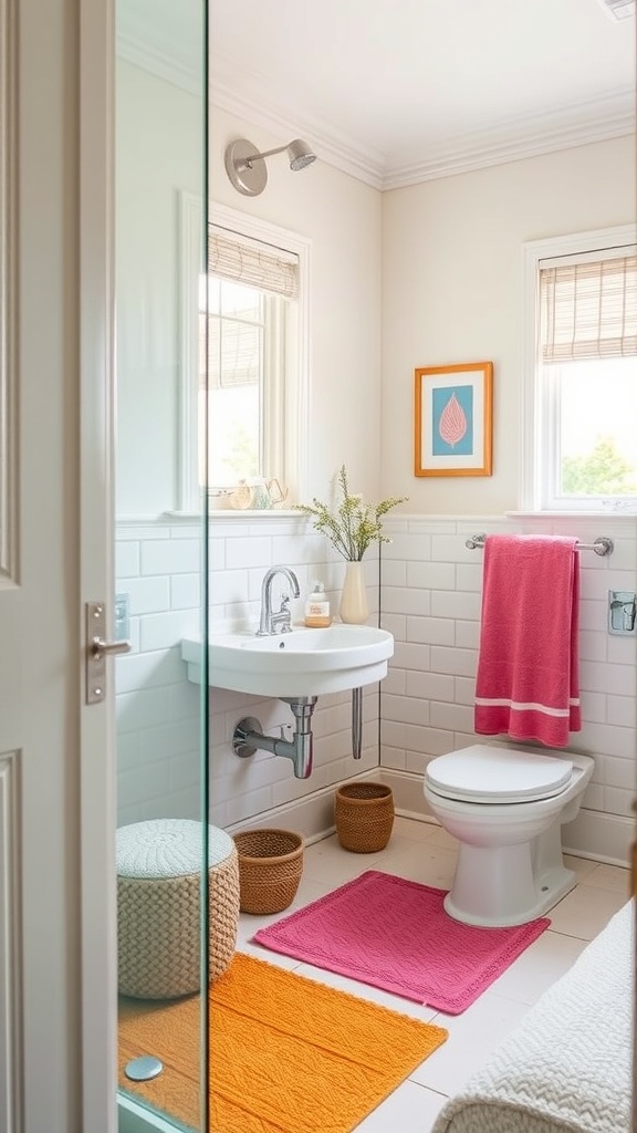 A small modern bathroom featuring bright pink and orange accents, white tiles, and decorative elements.