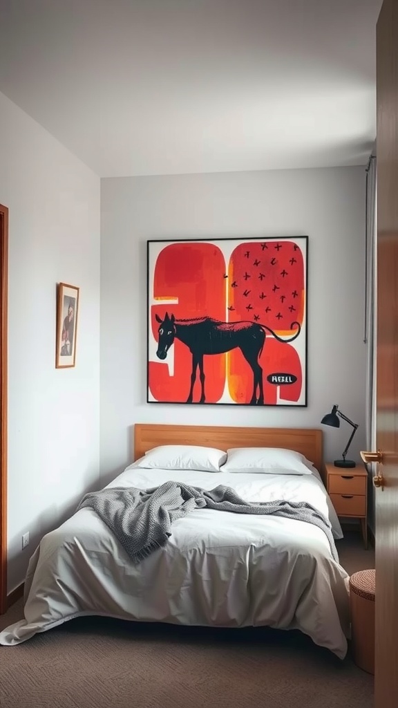 A bedroom with a large piece of bold artwork featuring a black horse on a vibrant red background, a neatly made bed, and a cozy ambiance.