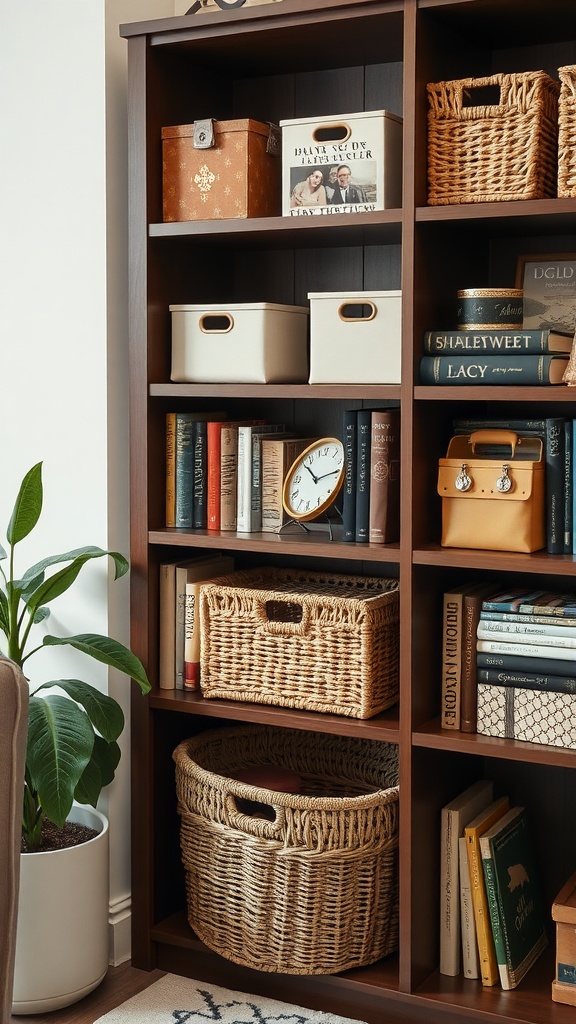 A bookshelf with various boxes and baskets for organization, featuring books and decorative items.