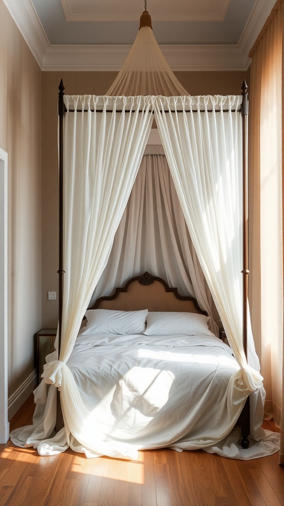 A cozy canopy bed with flowing curtains in a small rectangular bedroom.