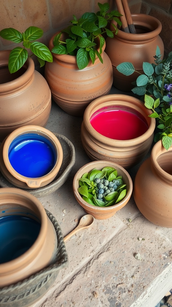 Clay pots filled with colorful natural dyes and fresh herbs in a mud kitchen setup.