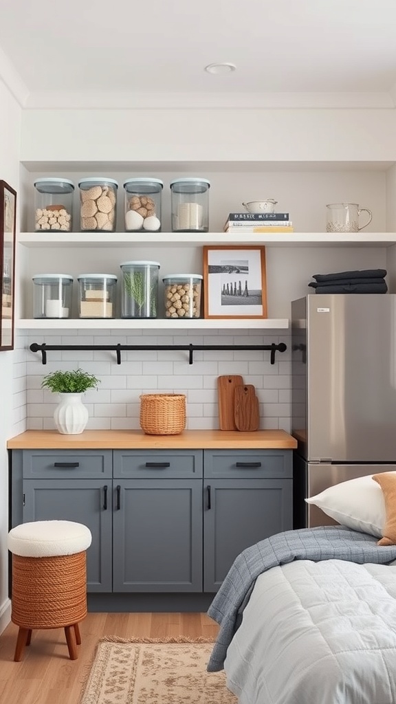 A small kitchen with clear containers on shelves, organized with various items inside.