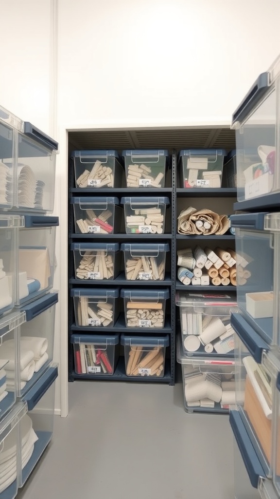 Organized shelving unit with clear storage containers filled with various items, all neatly labeled.