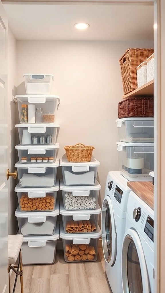 A small utility room with clear storage containers stacked neatly, showcasing organized items and a cozy woven basket.