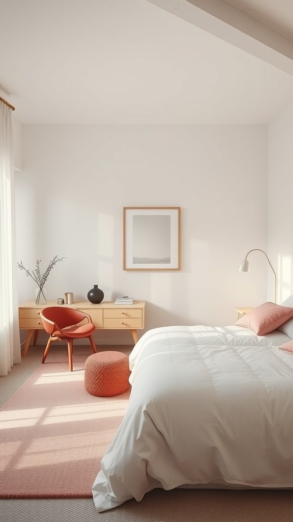 A minimalist bedroom featuring a light color scheme with coral accents in the chair and pouf.