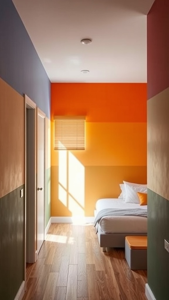 A long narrow bedroom with color-blocked walls in orange, green, and neutral tones, featuring a bed and wooden flooring.