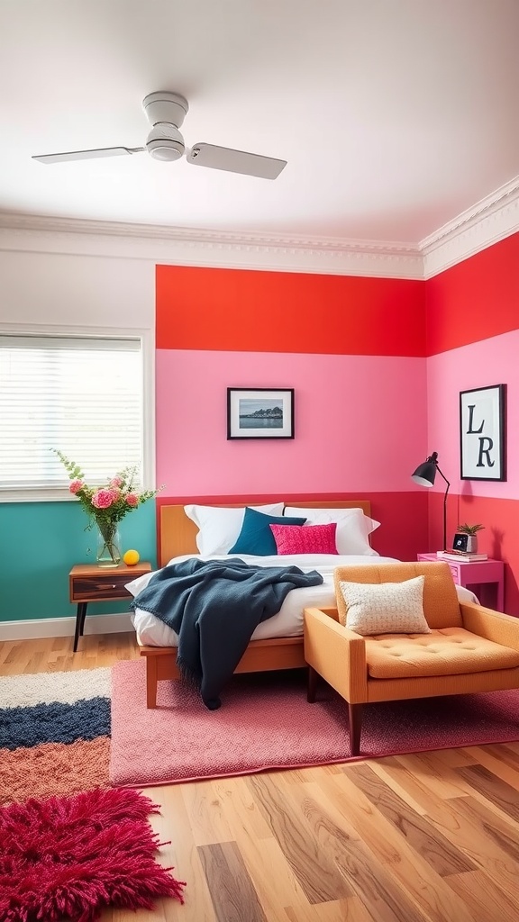 A colorful bedroom featuring color blocking with red, pink, and teal walls, a wooden bed, and a cozy orange chair.