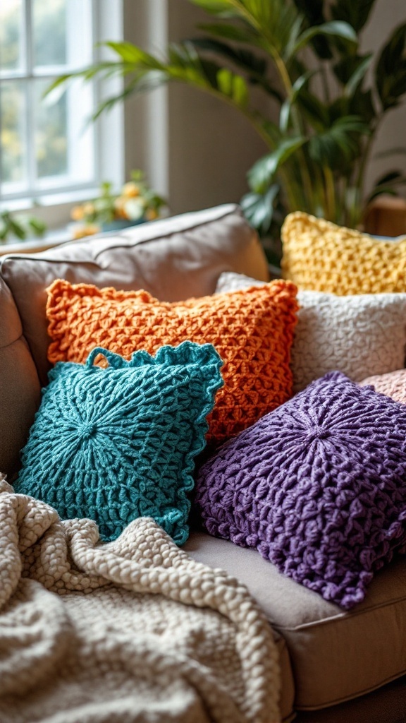 A cozy sofa with colorful crochet pillow covers in orange, turquoise, purple, and cream, alongside a soft blanket.