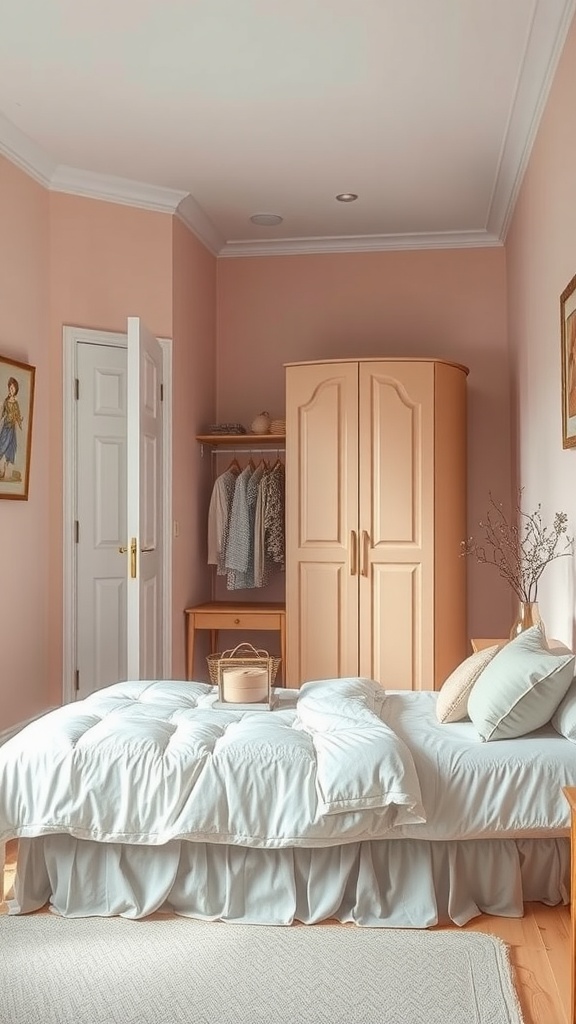 A small bedroom featuring a peach wall, soft blue bedding, and a light-colored wardrobe.