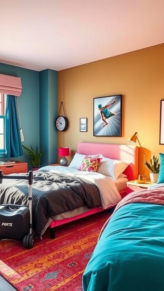 A colorful bedroom gym corner featuring a pink bed, blue walls, and yellow decor.