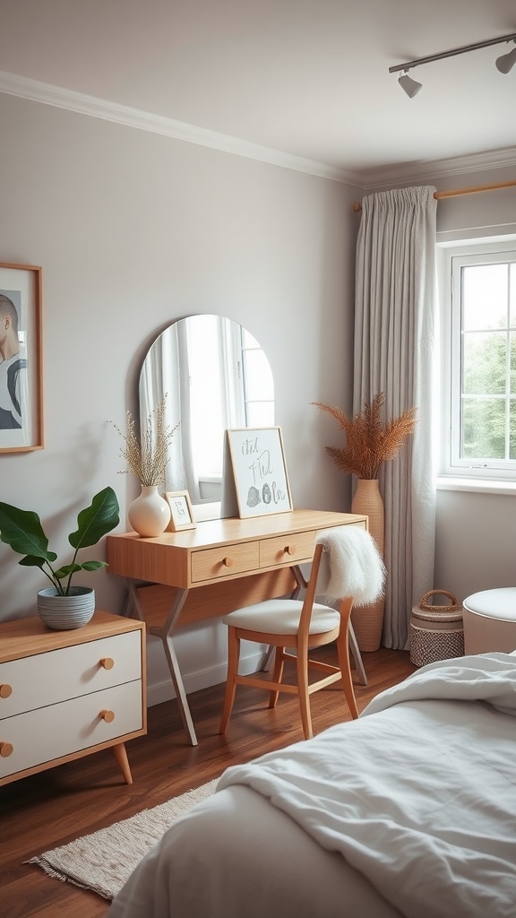 A stylish bedroom vanity and desk combo with a mirror, potted plant, and artwork.