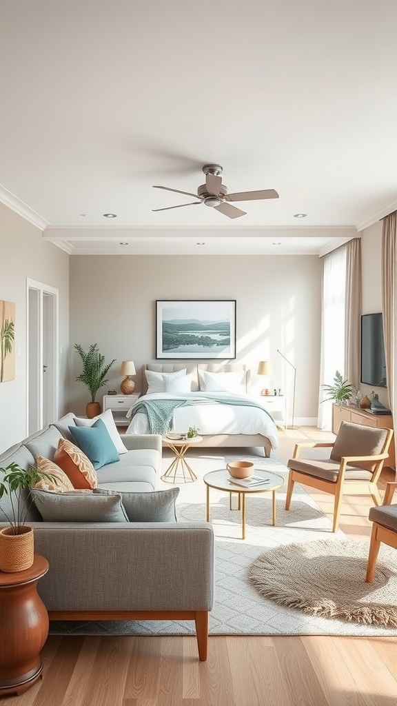 A stylish open concept living room featuring a gray sofa, colorful cushions, and a cozy atmosphere.