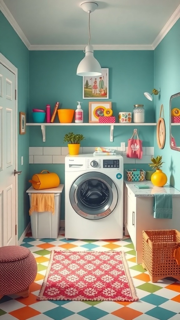 A small laundry room with turquoise walls, colorful storage containers, and a patterned rug.