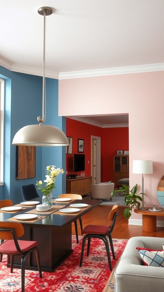 Dining room and living room combo with walls painted in blue, pink, and red.