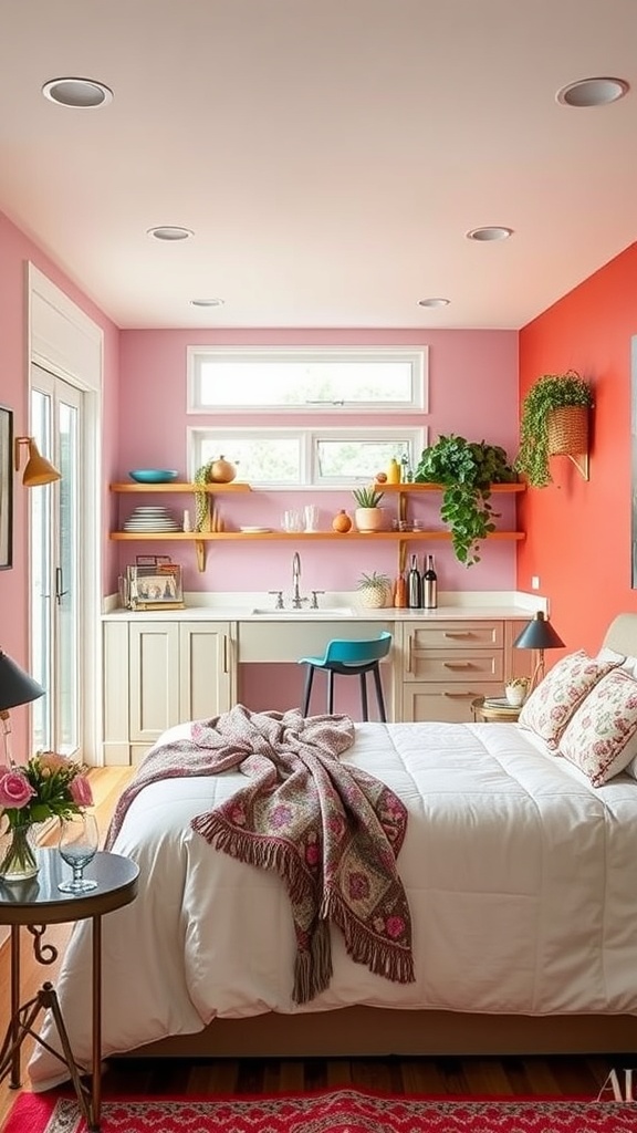 A kitchen extension featuring pink and red walls, with plants and decorative items.