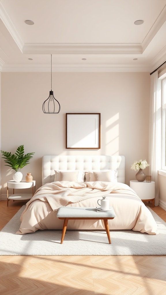 A cozy bedroom featuring a beige color palette, a comfortable bed, and a green plant.