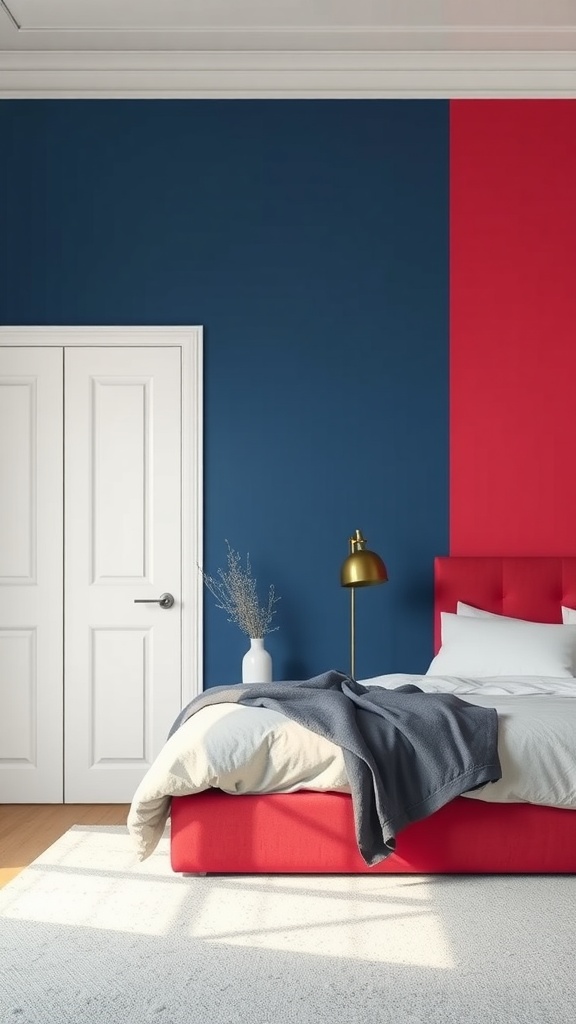 A stylish bedroom featuring a navy accent wall paired with a red section, a red bed, and minimal decor.