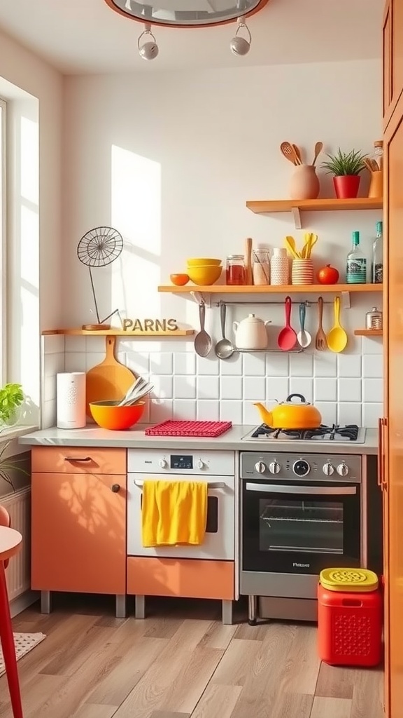 A colorful apartment kitchen featuring orange cabinets, yellow accessories, and vibrant decor.