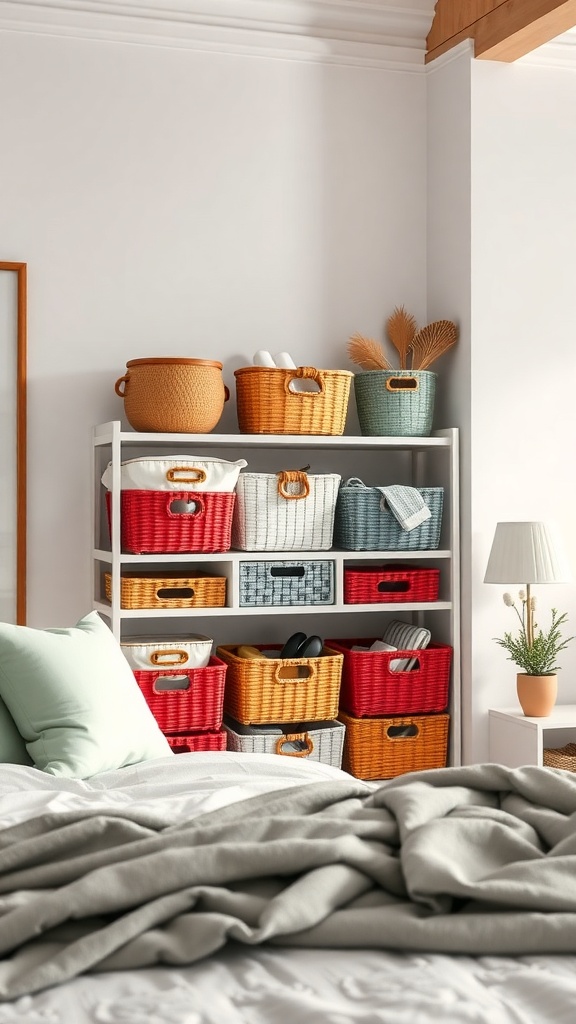 A shelf with colorful baskets in a bedroom, showcasing organization and style.