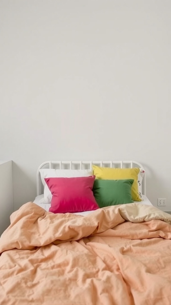 A cozy bed with colorful throw pillows in pink, green, and yellow against a peach bedspread
