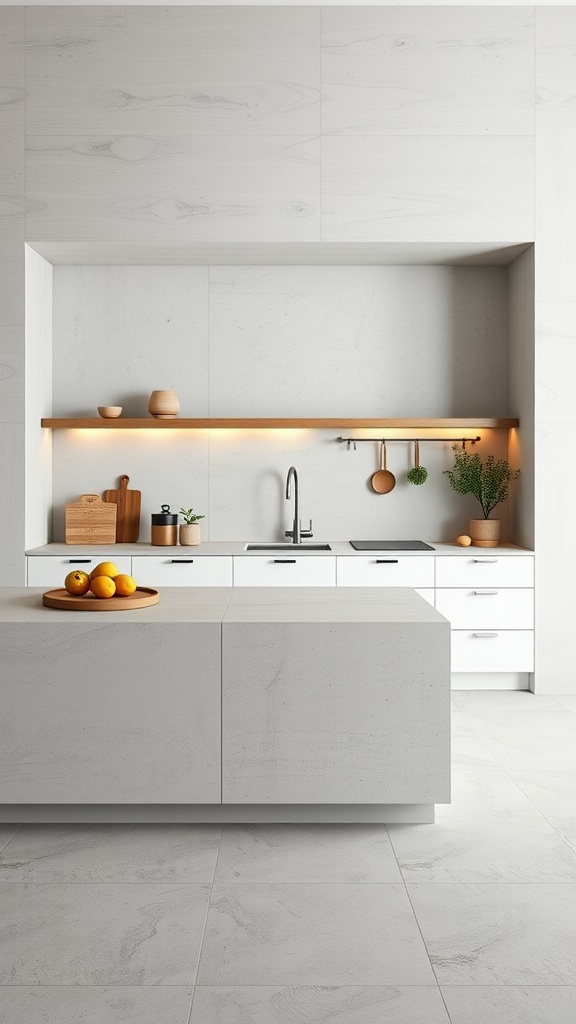 Minimalist kitchen design featuring concrete island and cabinetry with wooden accents and plants.
