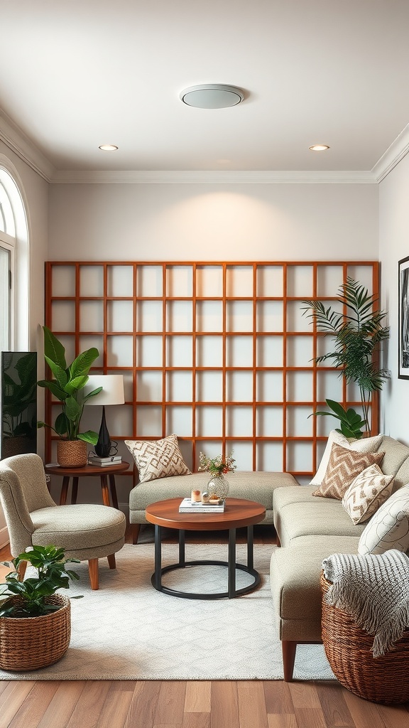 A cozy small family room featuring a wooden grid divider, plants, and comfortable seating.
