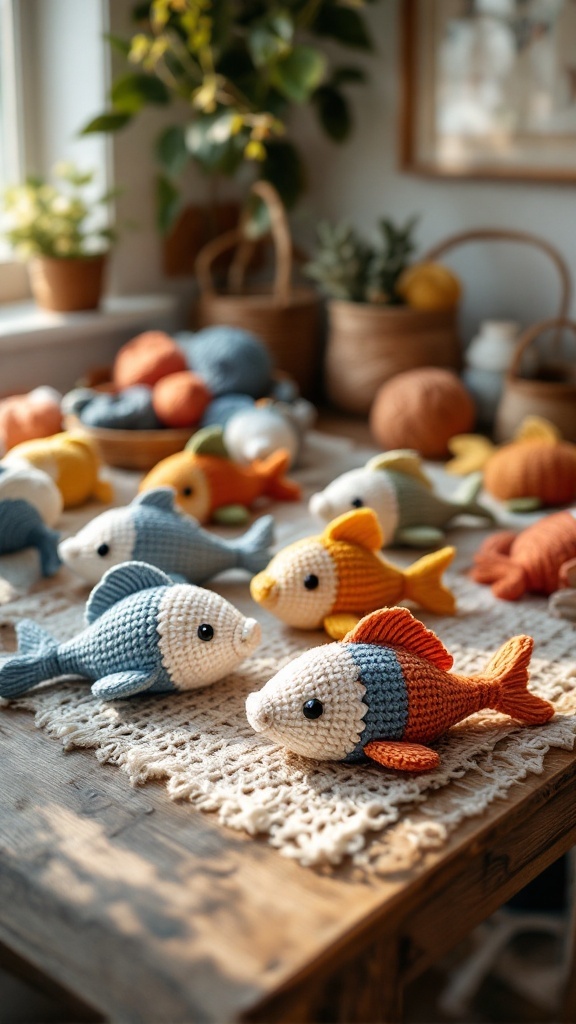Colorful crochet fish placed on a wooden table, surrounded by yarn and plants