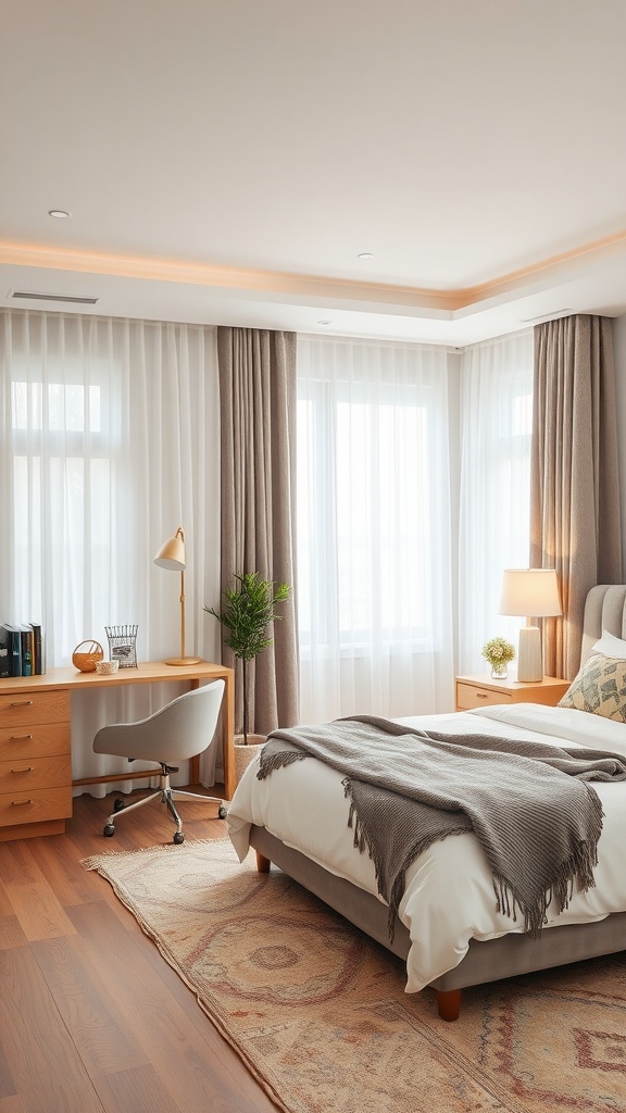 A modern bedroom featuring curtains that separate the sleeping area from a workspace.