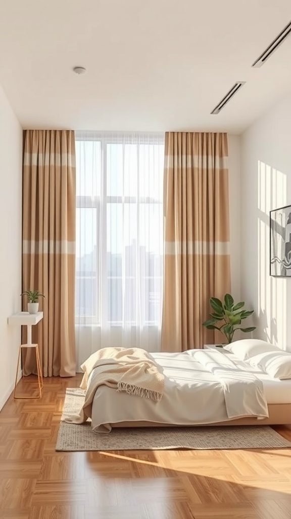 A bright L-shaped bedroom with beige curtains, a bed, and a small plant.