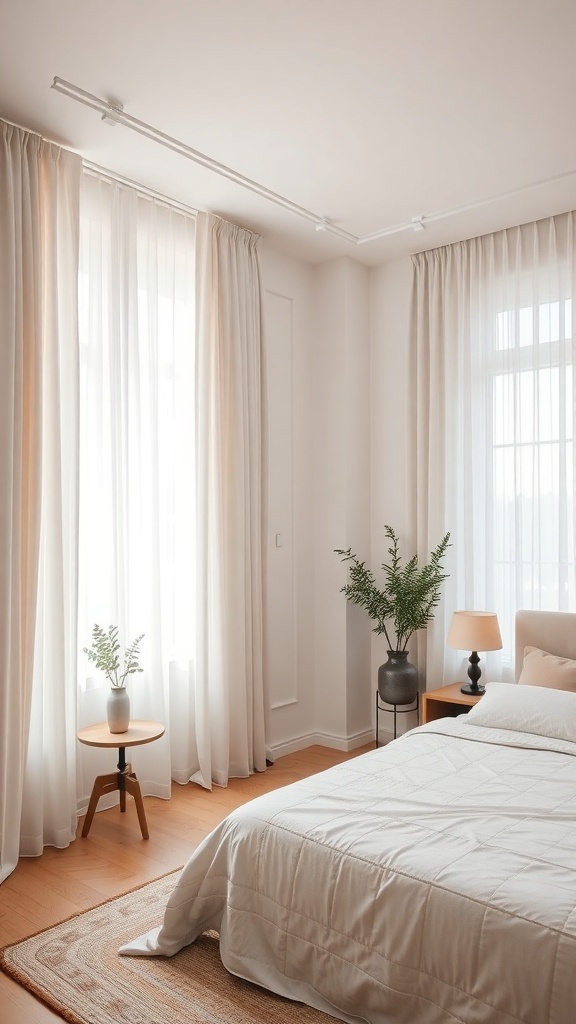 A bright bedroom with soft, sheer curtains, a cozy bed, and a small table with a plant.
