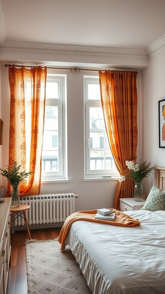 A cozy bedroom with orange curtains framing the windows, a neatly made bed, and a warm color palette.