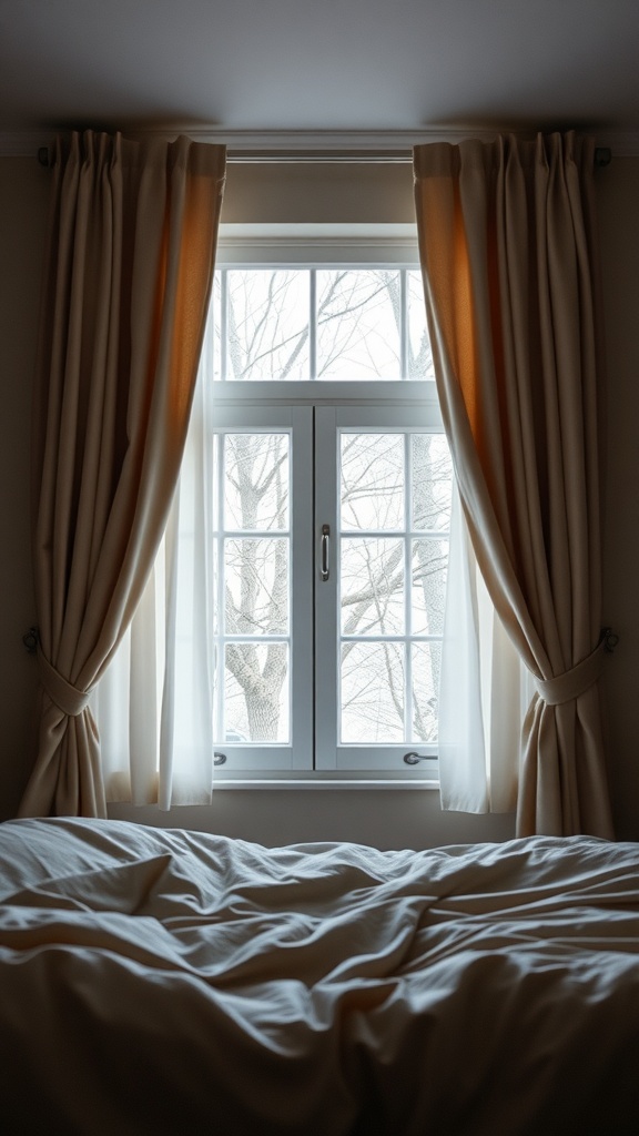A cozy bedroom with soft curtains framing a window, showcasing a bed with rumpled bedding and a view of trees outside.