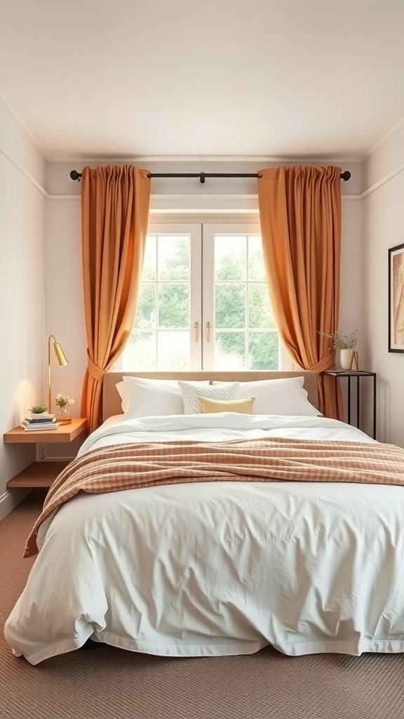 A cozy small bedroom featuring a king bed with warm-toned curtains framing a window.