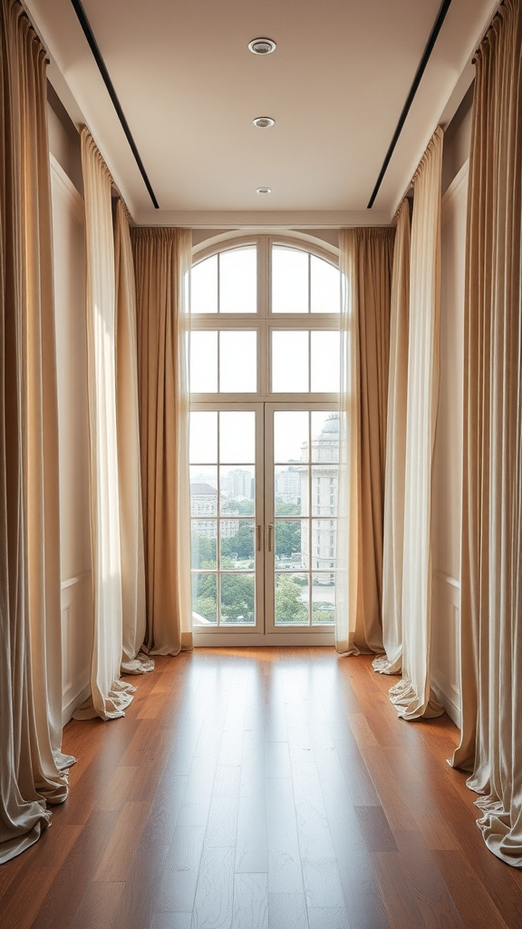 Light, flowing curtains framing a large window in a bedroom, creating a warm and inviting atmosphere.