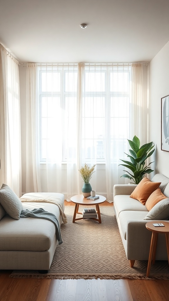 A cozy tiny living room with light curtains, a small coffee table, and a plant, creating an airy atmosphere.