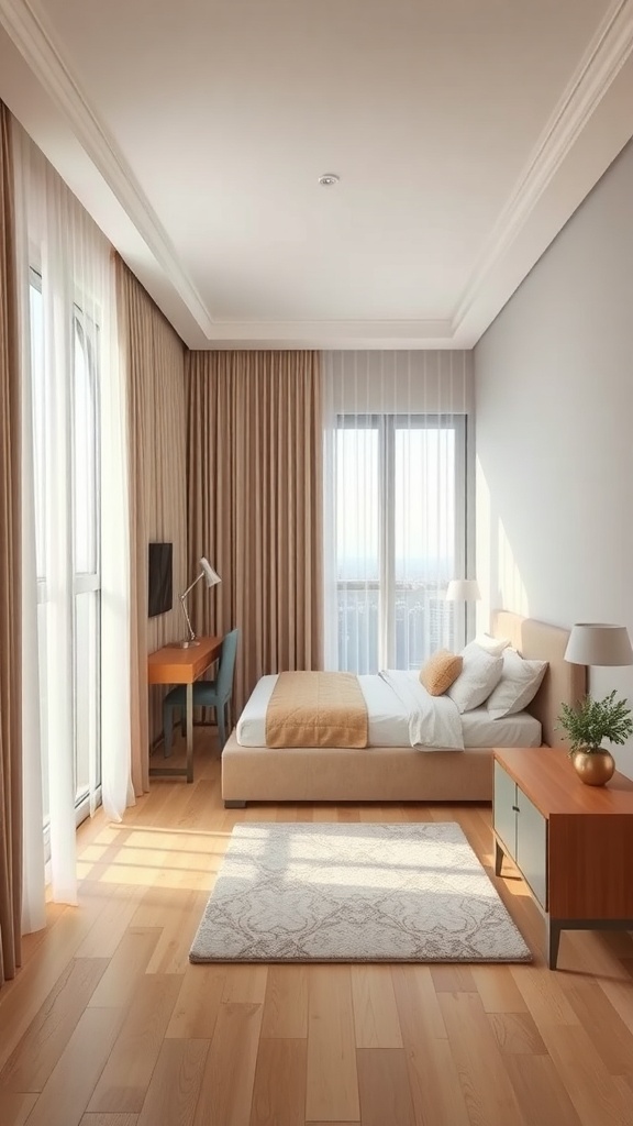 A long narrow bedroom featuring large windows with light-colored curtains, a bed, and a desk.