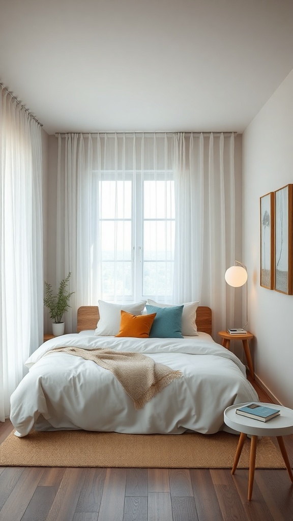 A small bedroom with a bed, colorful cushions, and sheer curtains framing a window.