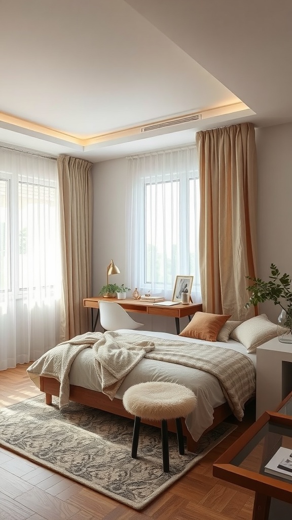 Cozy tiny bedroom with a bed, desk, and soft curtains framing the windows