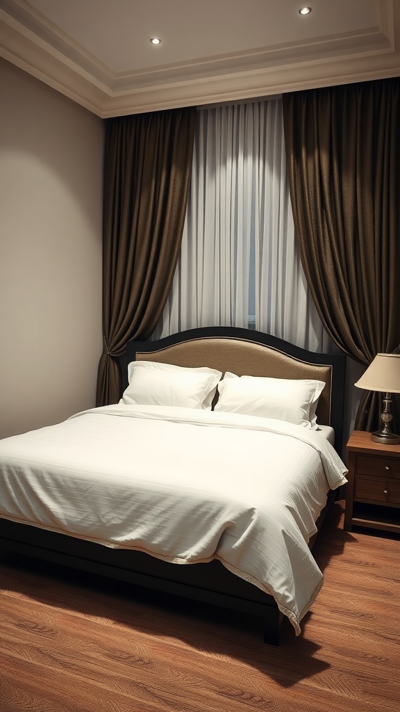 A small bedroom featuring a king bed with elegant curtains framing the window.