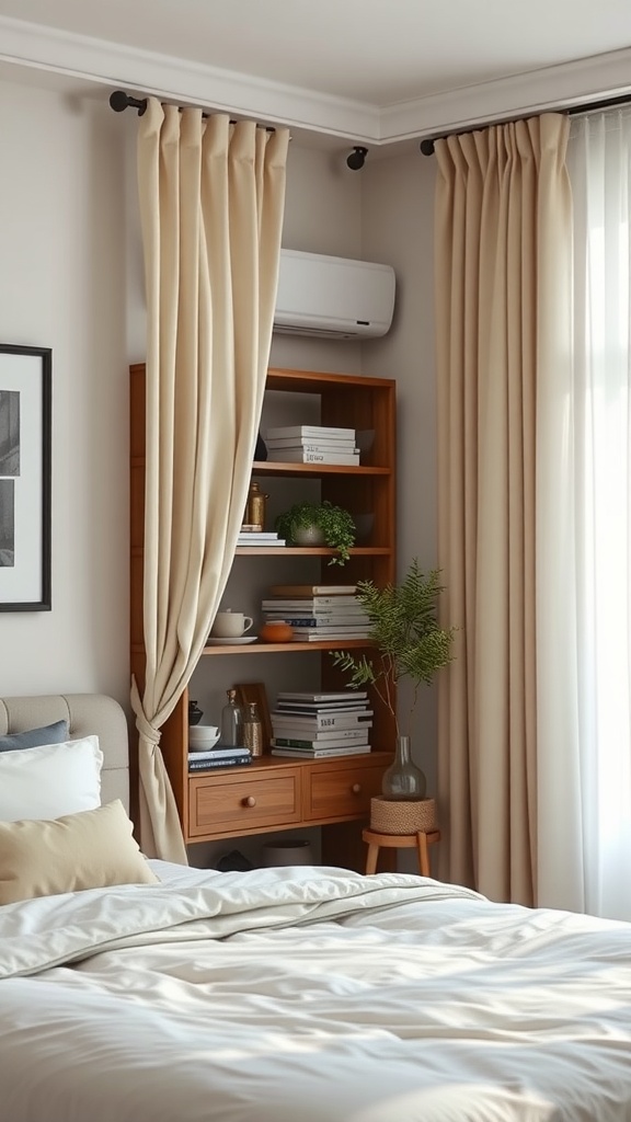 A cozy bedroom featuring flowy curtains that conceal a bookshelf, creating an organized and tidy atmosphere.