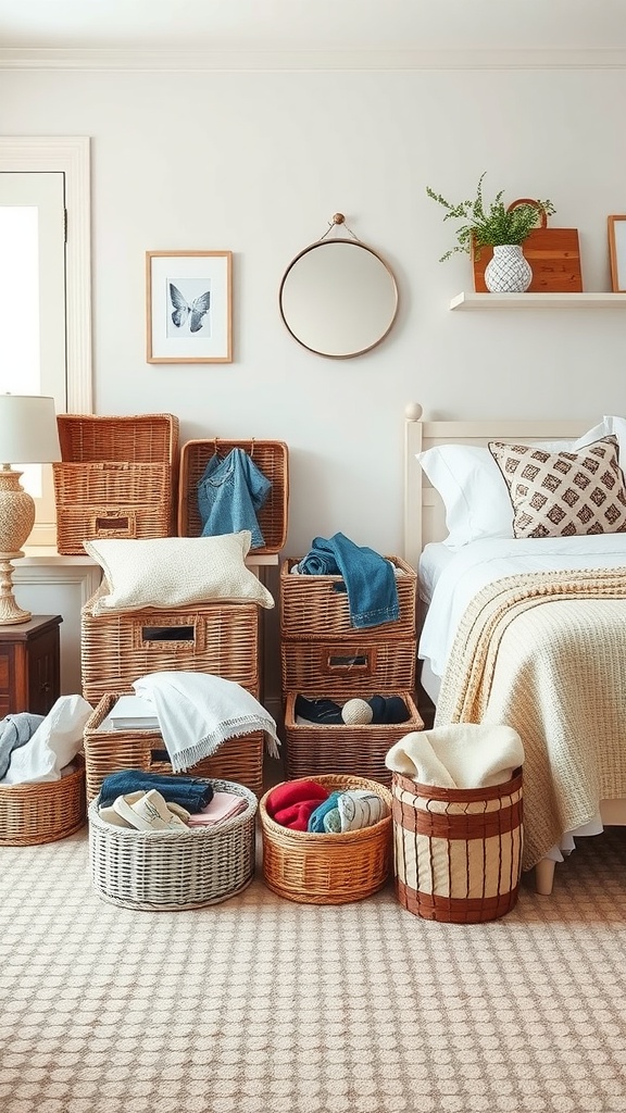 A cozy bedroom with decorative baskets for organization, showcasing various woven baskets holding clothes and blankets
