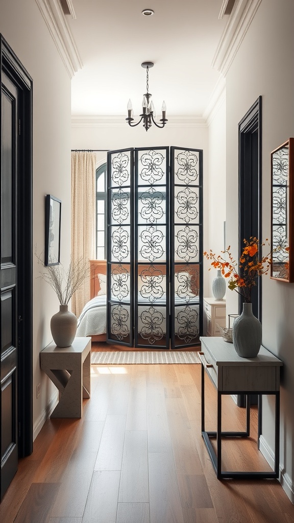 A narrow entryway featuring a decorative screen, stylish furniture, and warm lighting.