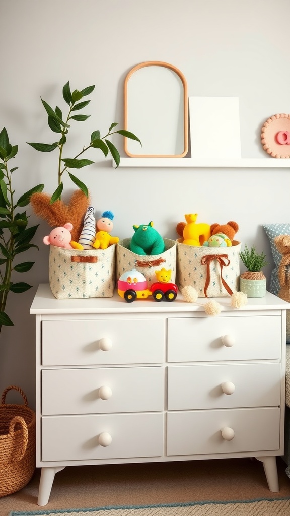 A nursery dresser with decorative baskets filled with toys, plants, and simple decor items.